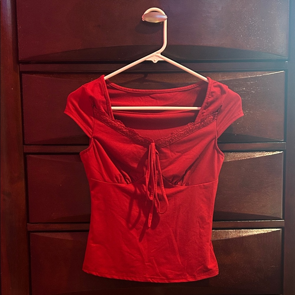 SHEIN Red Lace Trim Blouse